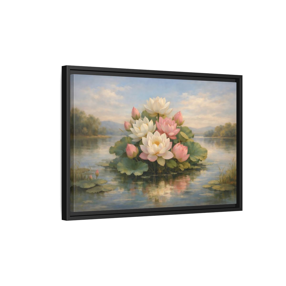 Side Mockup 3. Nature Lotus Flowers Pink And White Lotus shown as stretched canvas wall art