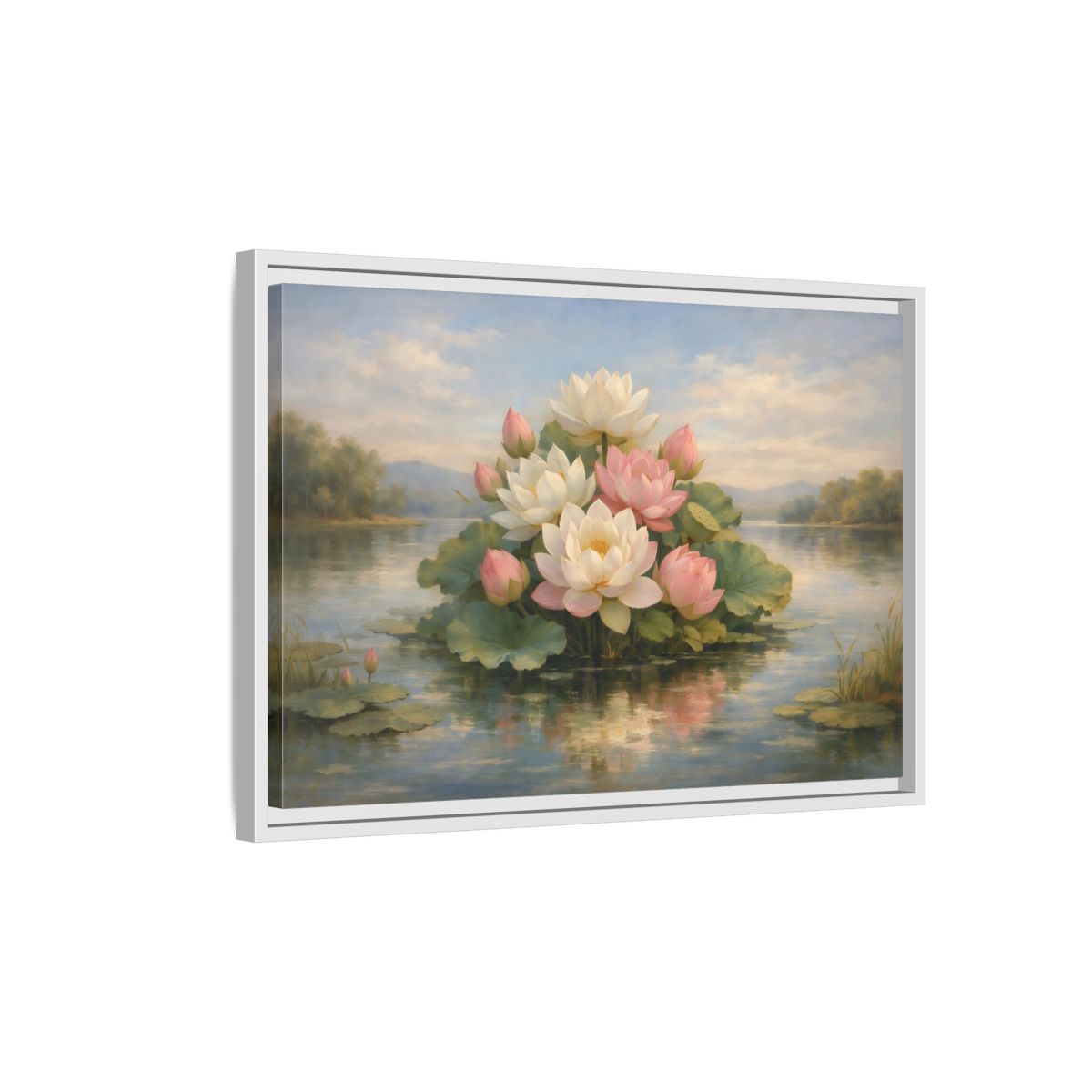 Side Mockup 1. Nature Lotus Flowers Pink And White Lotus shown as stretched canvas wall art