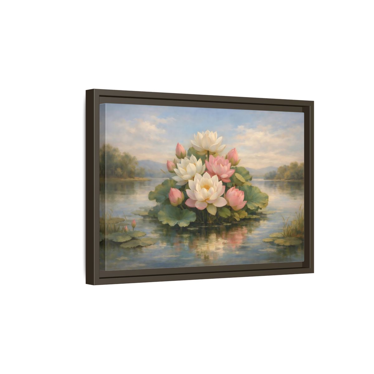 Side Mockup 5. Nature Lotus Flowers Pink And White Lotus shown as stretched canvas wall art
