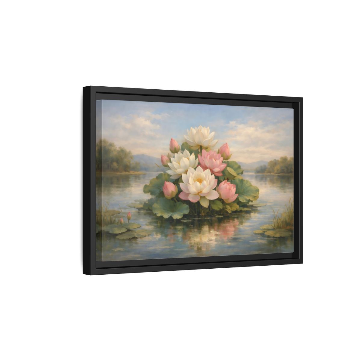 Side Mockup 6. Nature Lotus Flowers Pink And White Lotus shown as stretched canvas wall art