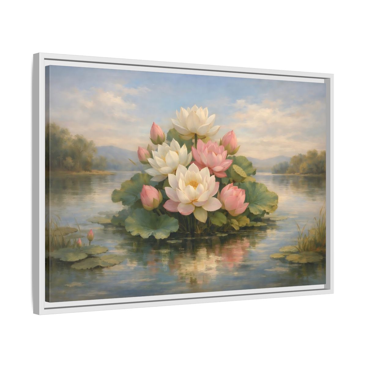 Side Mockup 10. Nature Lotus Flowers Pink And White Lotus shown as stretched canvas wall art