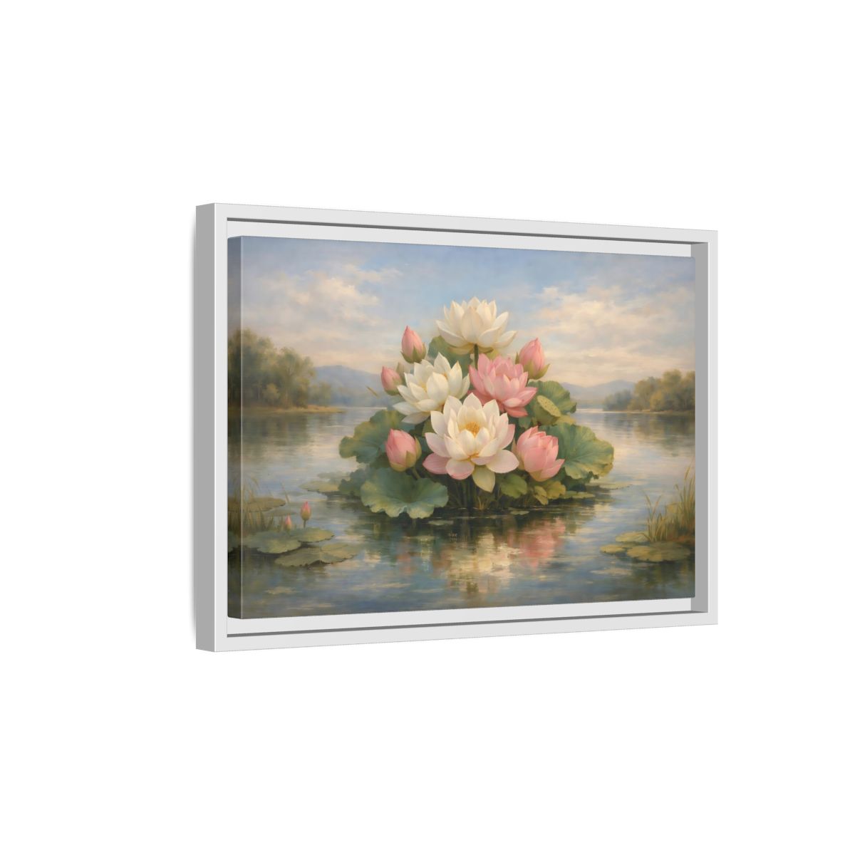 Side Mockup 4. Nature Lotus Flowers Pink And White Lotus shown as stretched canvas wall art