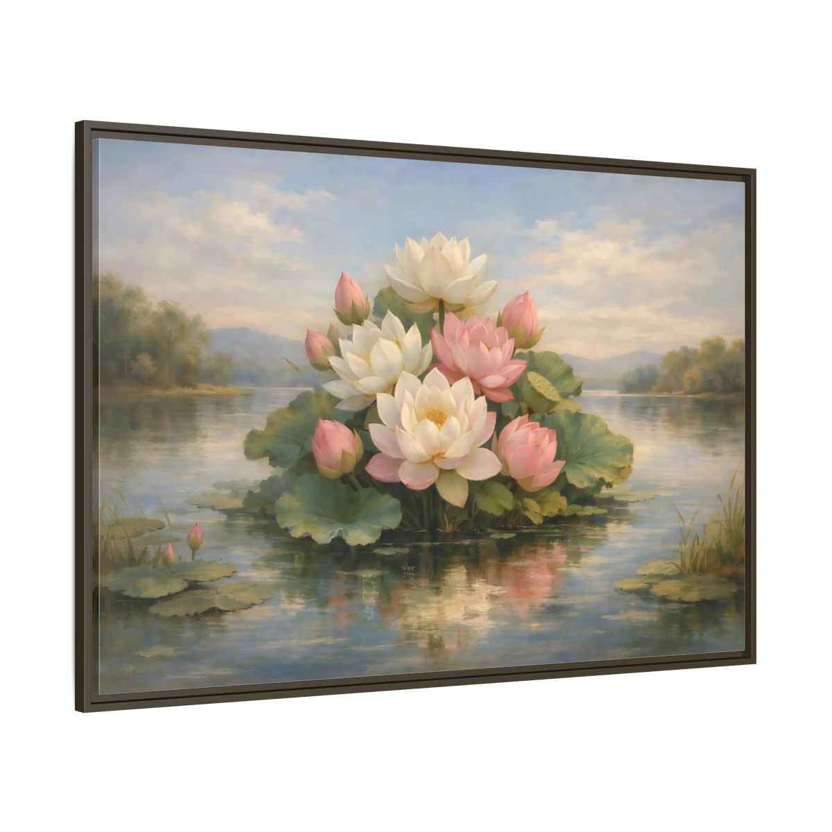 Main Mockup. Nature Lotus Flowers Pink And White Lotus shown as stretched canvas wall art