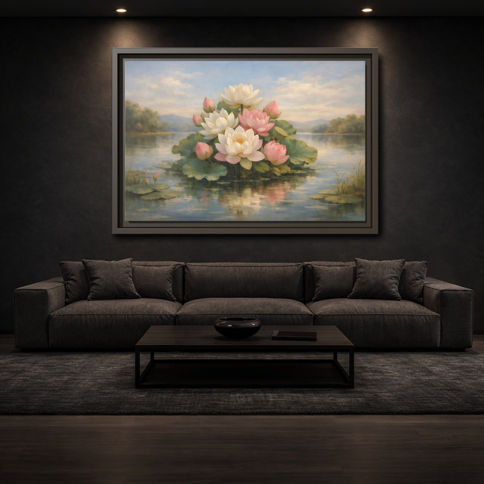 Mockup 2. Nature Lotus Flowers Pink And White Lotus shown as stretched canvas wall art