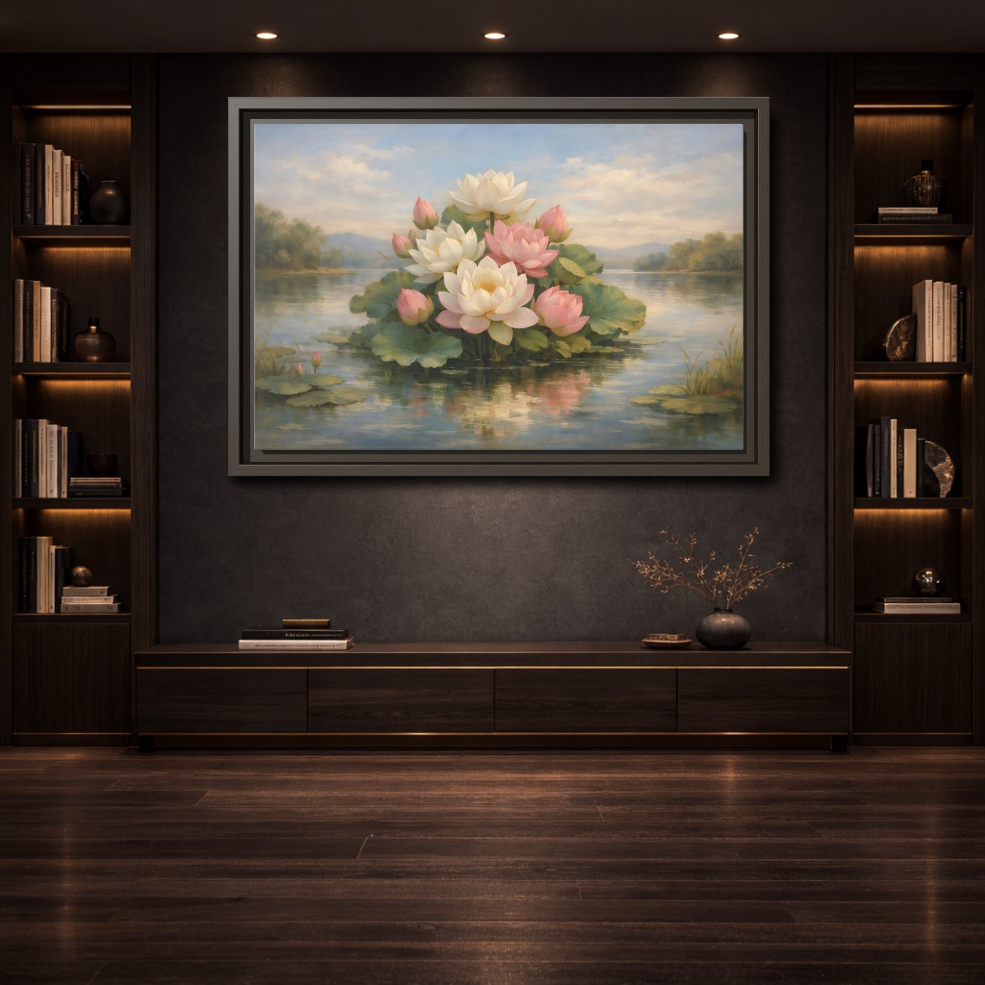 Mockup 3. Nature Lotus Flowers Pink And White Lotus shown as stretched canvas wall art