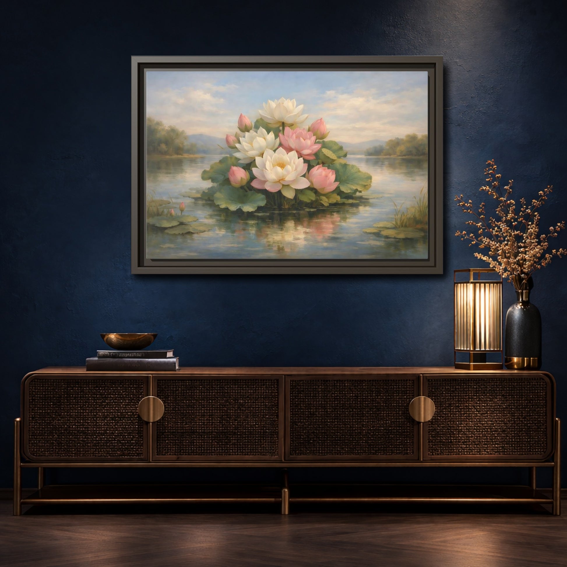 Mockup 4. Nature Lotus Flowers Pink And White Lotus shown as stretched canvas wall art