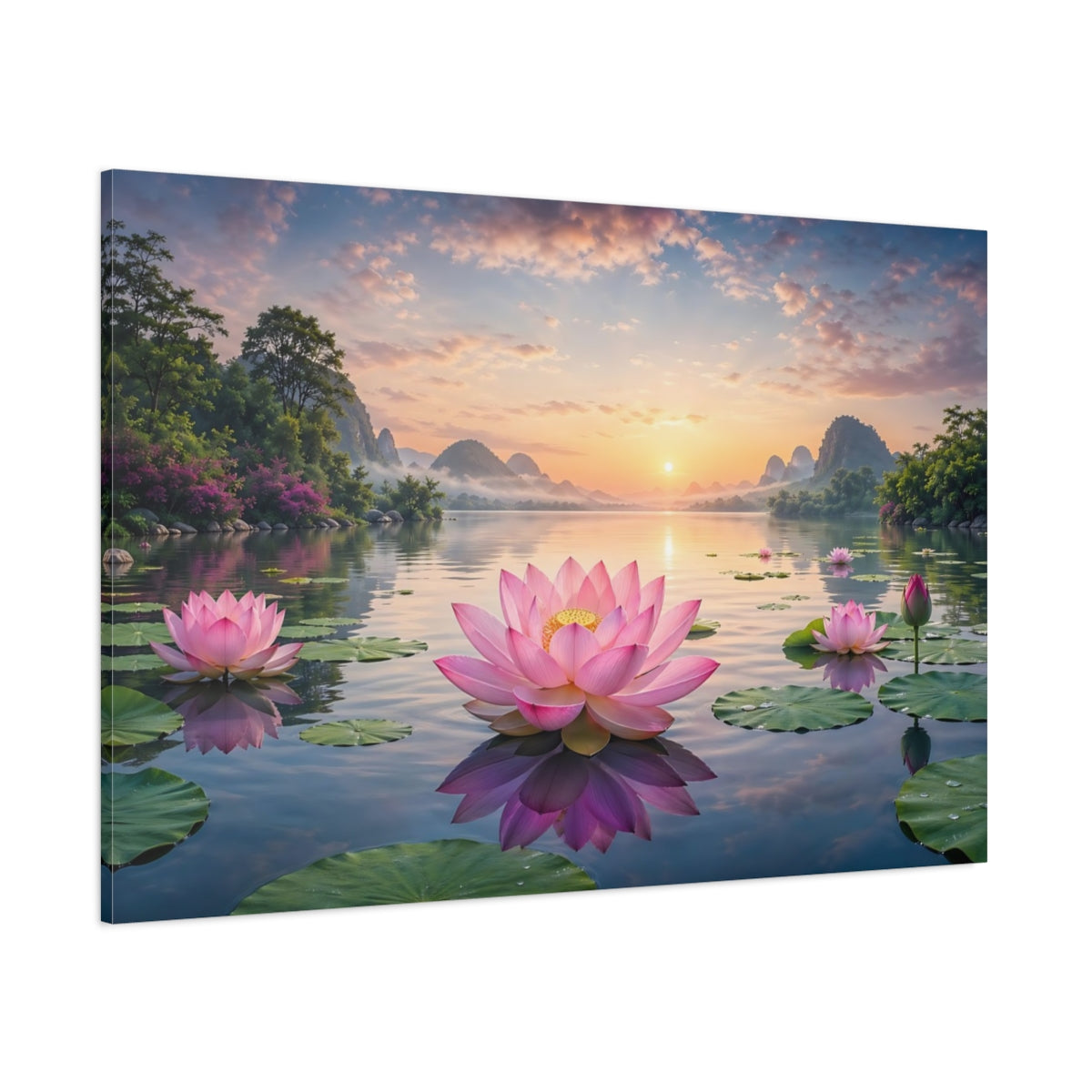 Side Mockup 1. Nature Lotus Flowers Pink Lotus shown as stretched canvas wall art