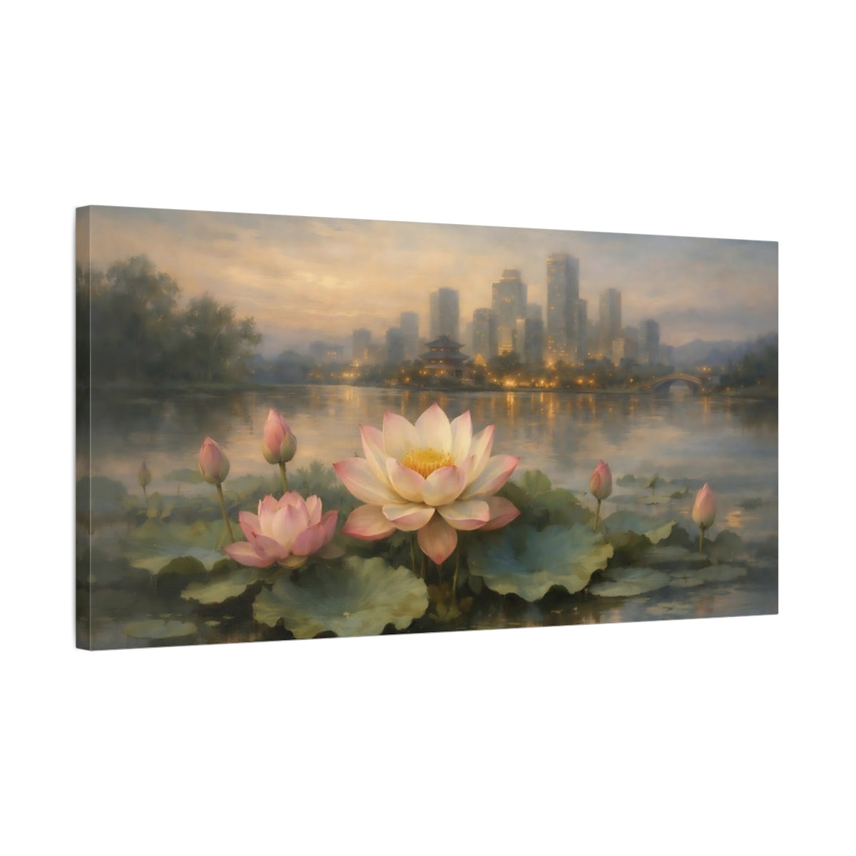 Side Mockup 2. Nature Lotus Flowers Pink Lotus Cityscape shown as stretched canvas wall art