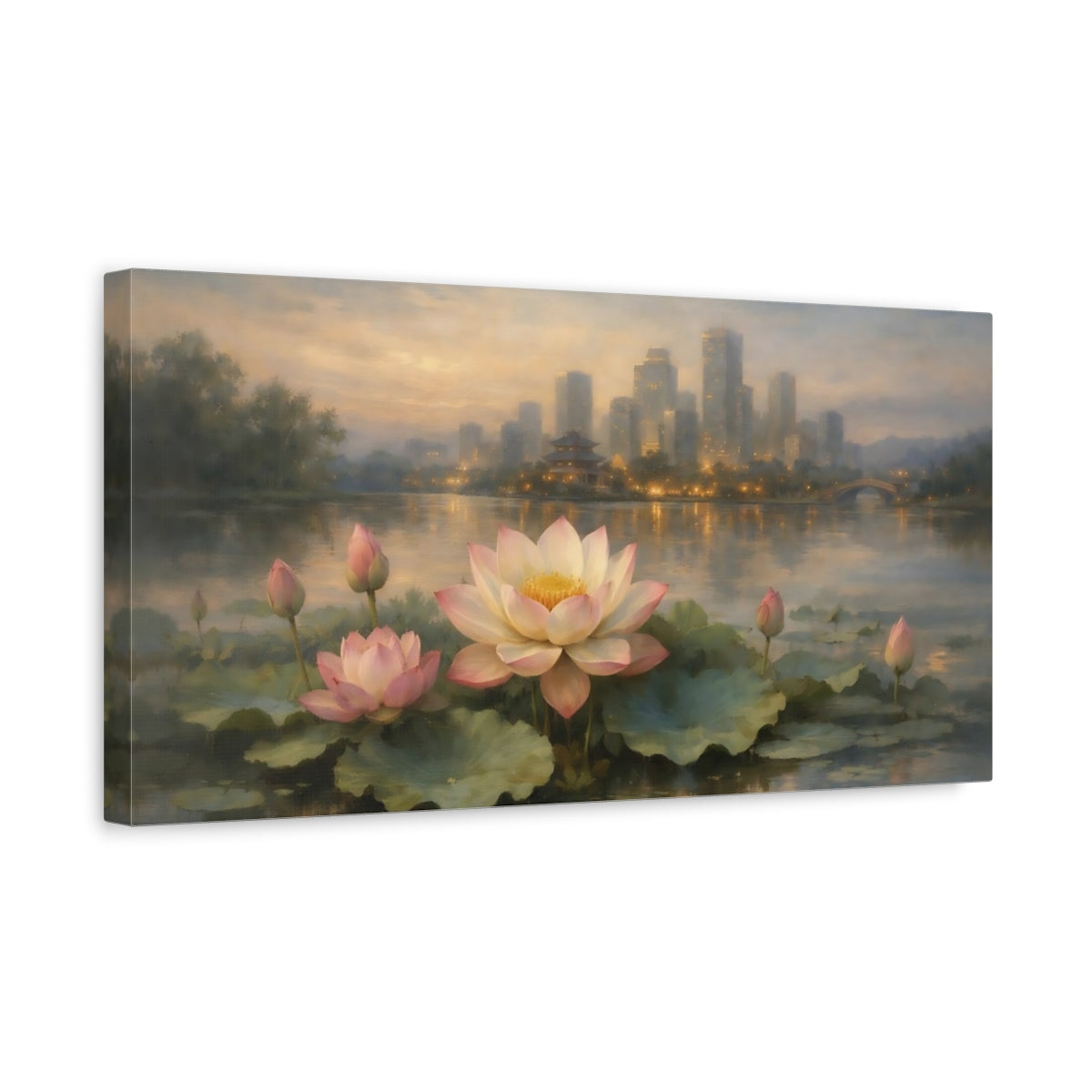 Side Mockup 3. Nature Lotus Flowers Pink Lotus Cityscape shown as stretched canvas wall art