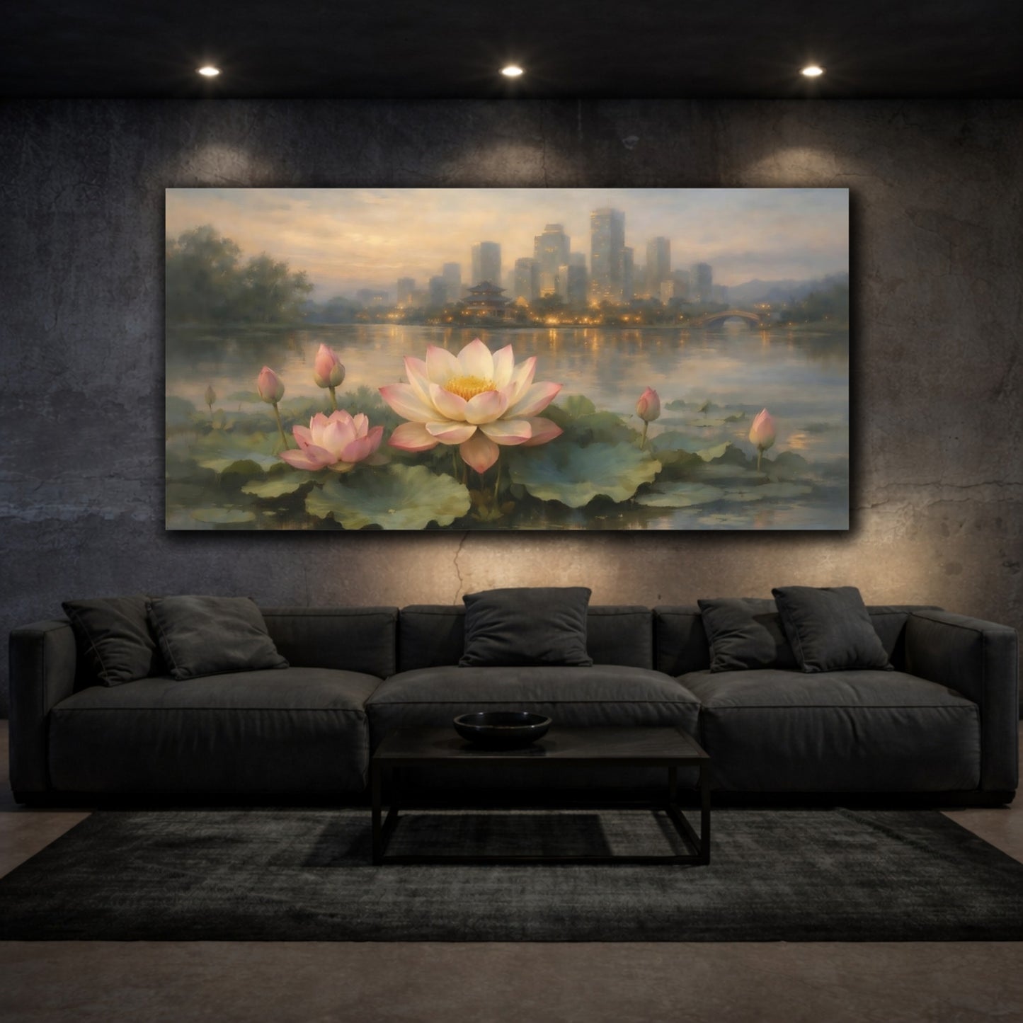 Mockup 2. Nature Lotus Flowers Pink Lotus Cityscape shown as stretched canvas wall art