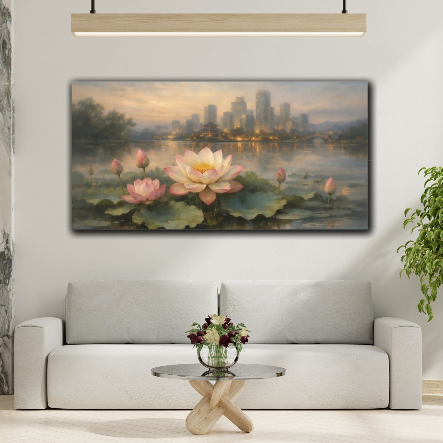 Mockup 3. Nature Lotus Flowers Pink Lotus Cityscape shown as stretched canvas wall art
