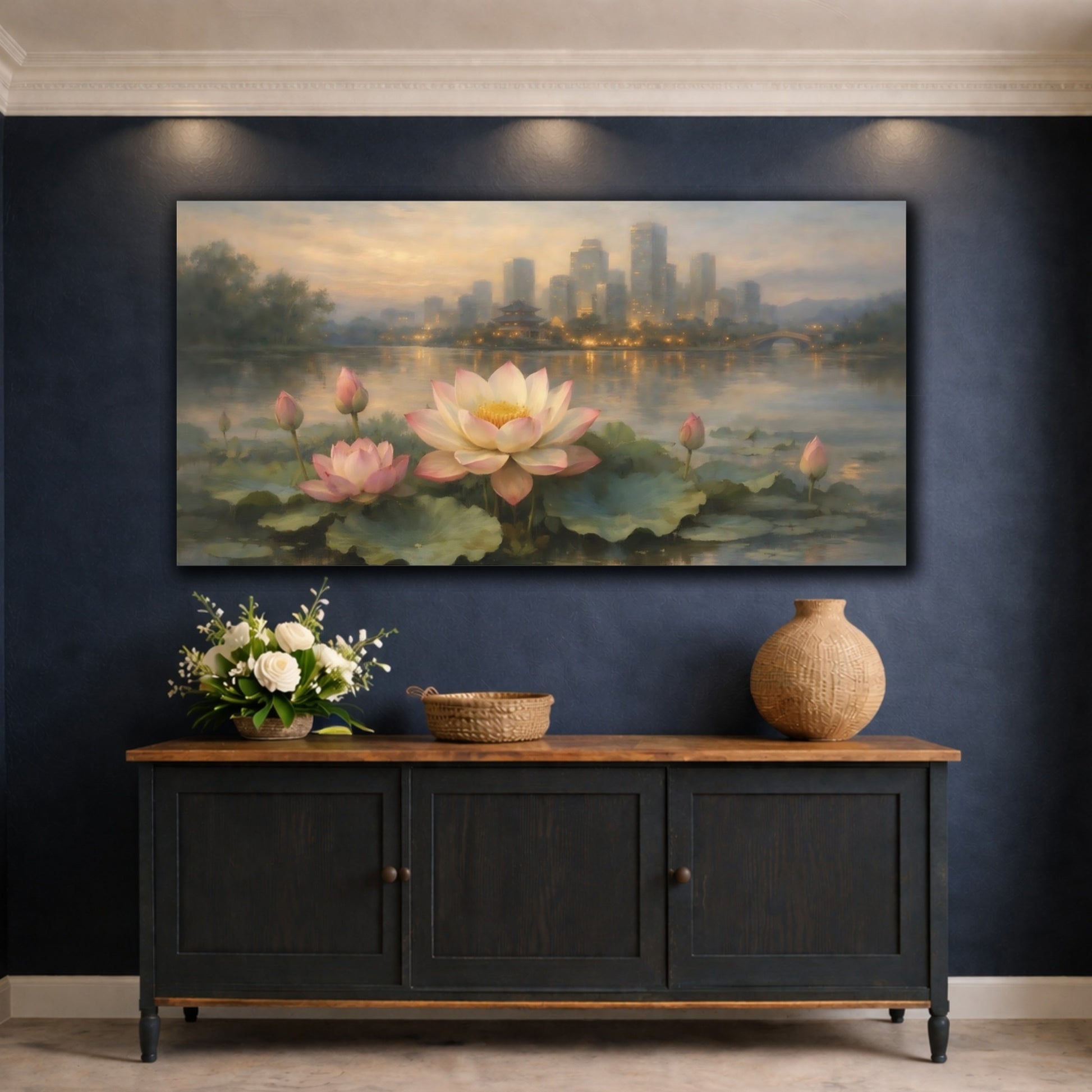 Mockup 4. Nature Lotus Flowers Pink Lotus Cityscape shown as stretched canvas wall art