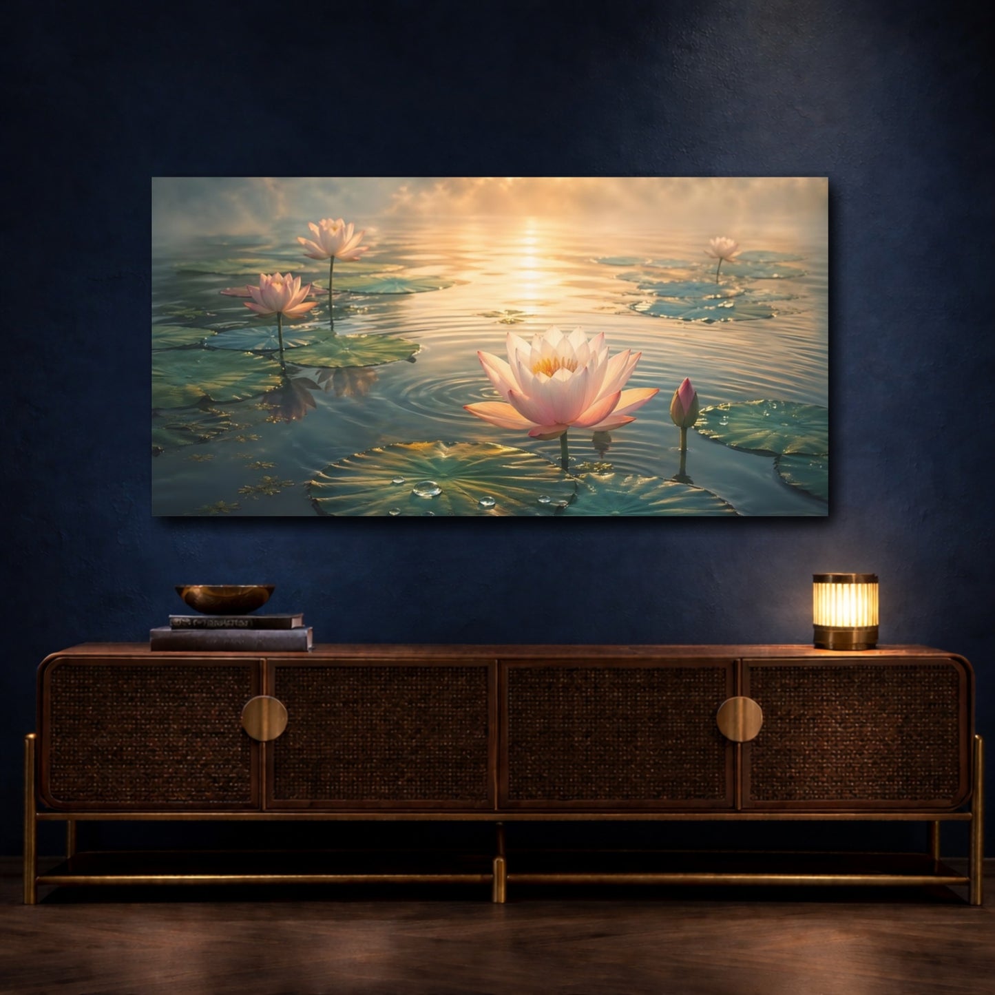 Mockup 4. Nature Lotus Flowers Pink Lotus Pond shown as stretched canvas wall art