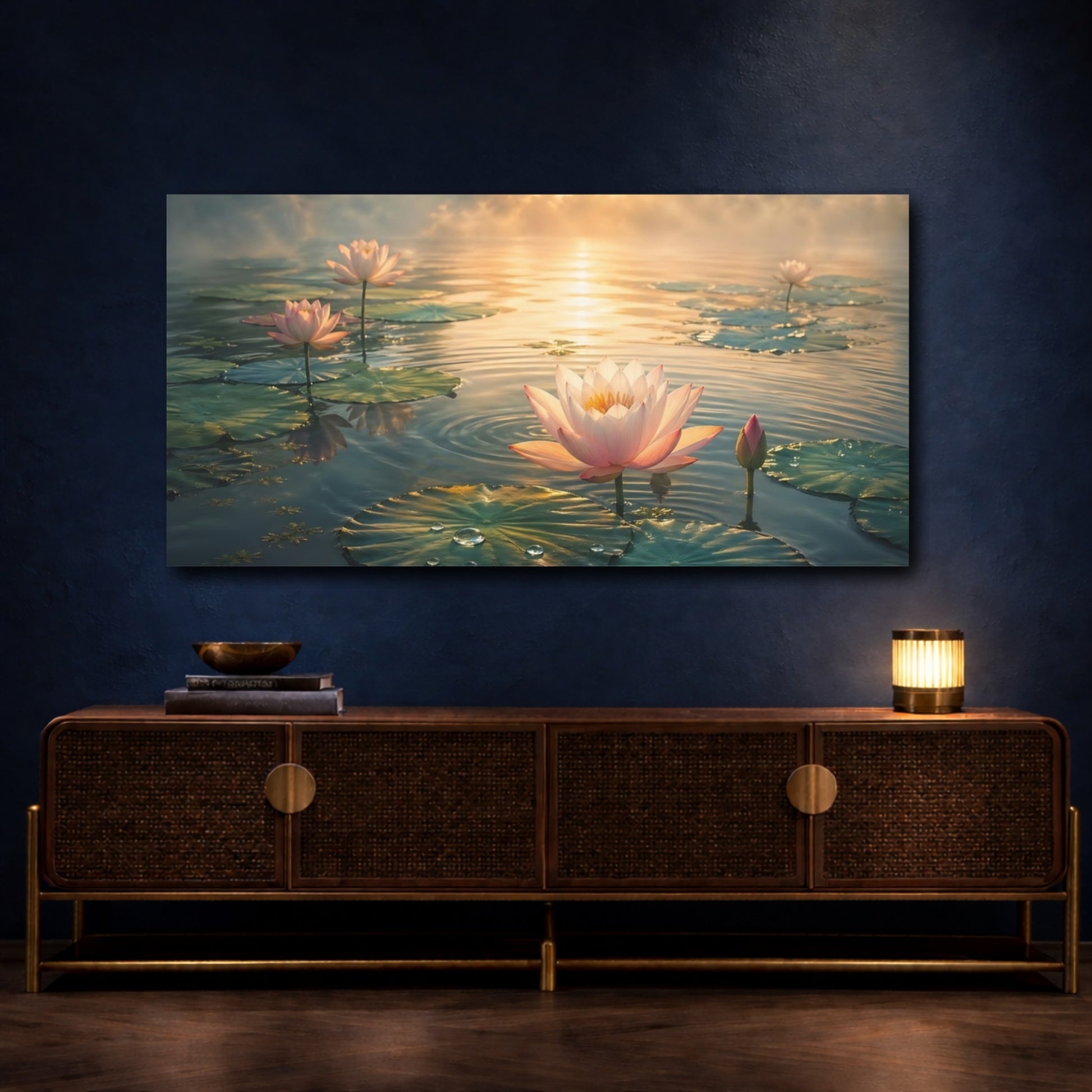 Mockup 4. Nature Lotus Flowers Pink Lotus Pond shown as stretched canvas wall art
