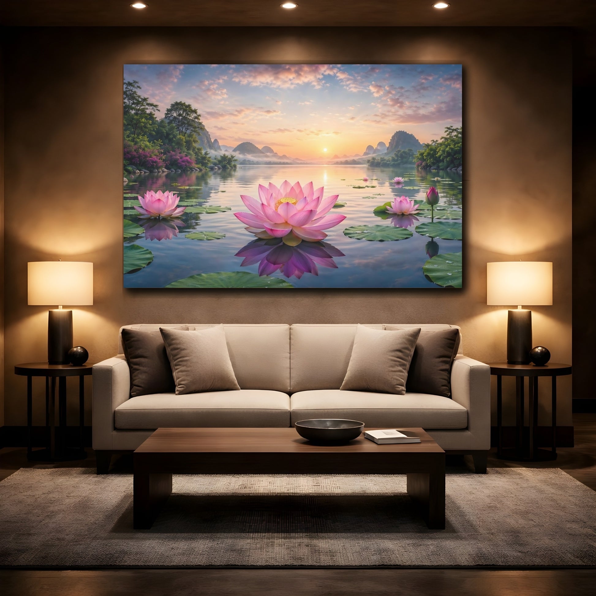 Mockup 2. Nature Lotus Flowers Pink Lotus shown as stretched canvas wall art