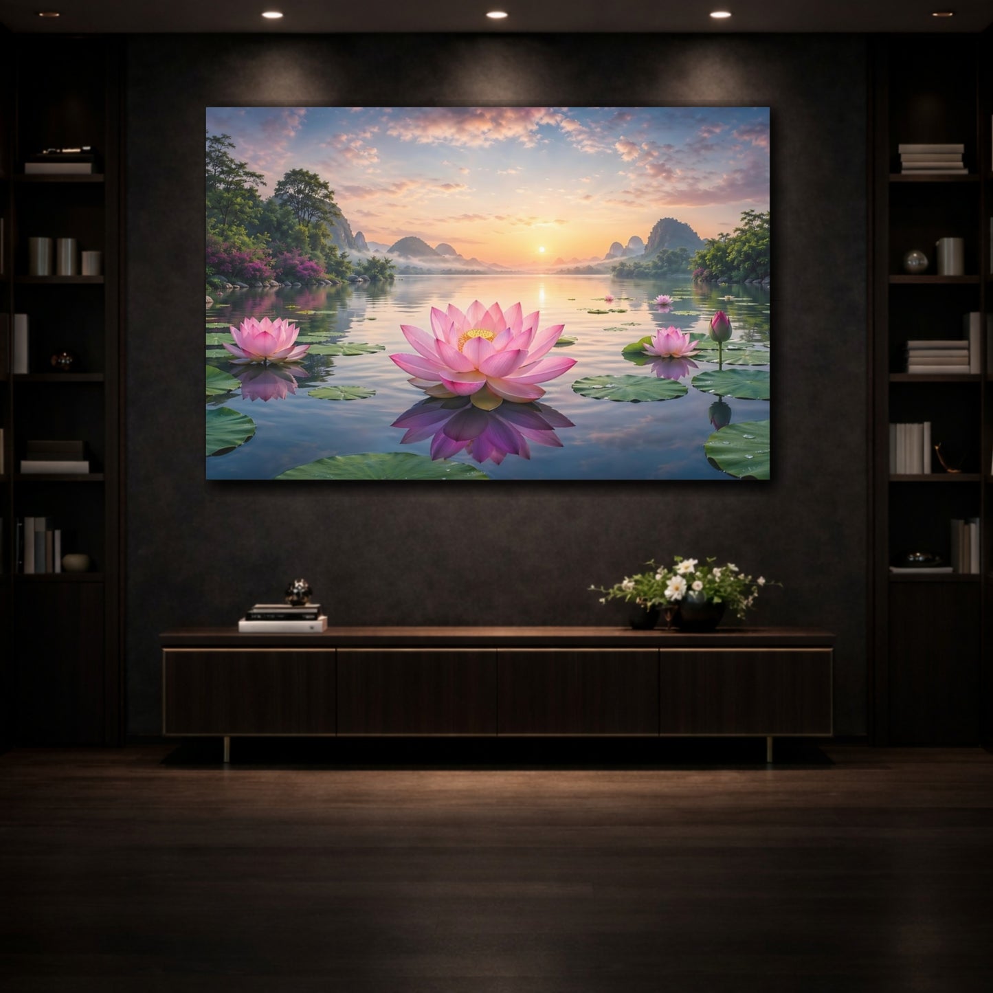 Mockup 3. Nature Lotus Flowers Pink Lotus shown as stretched canvas wall art