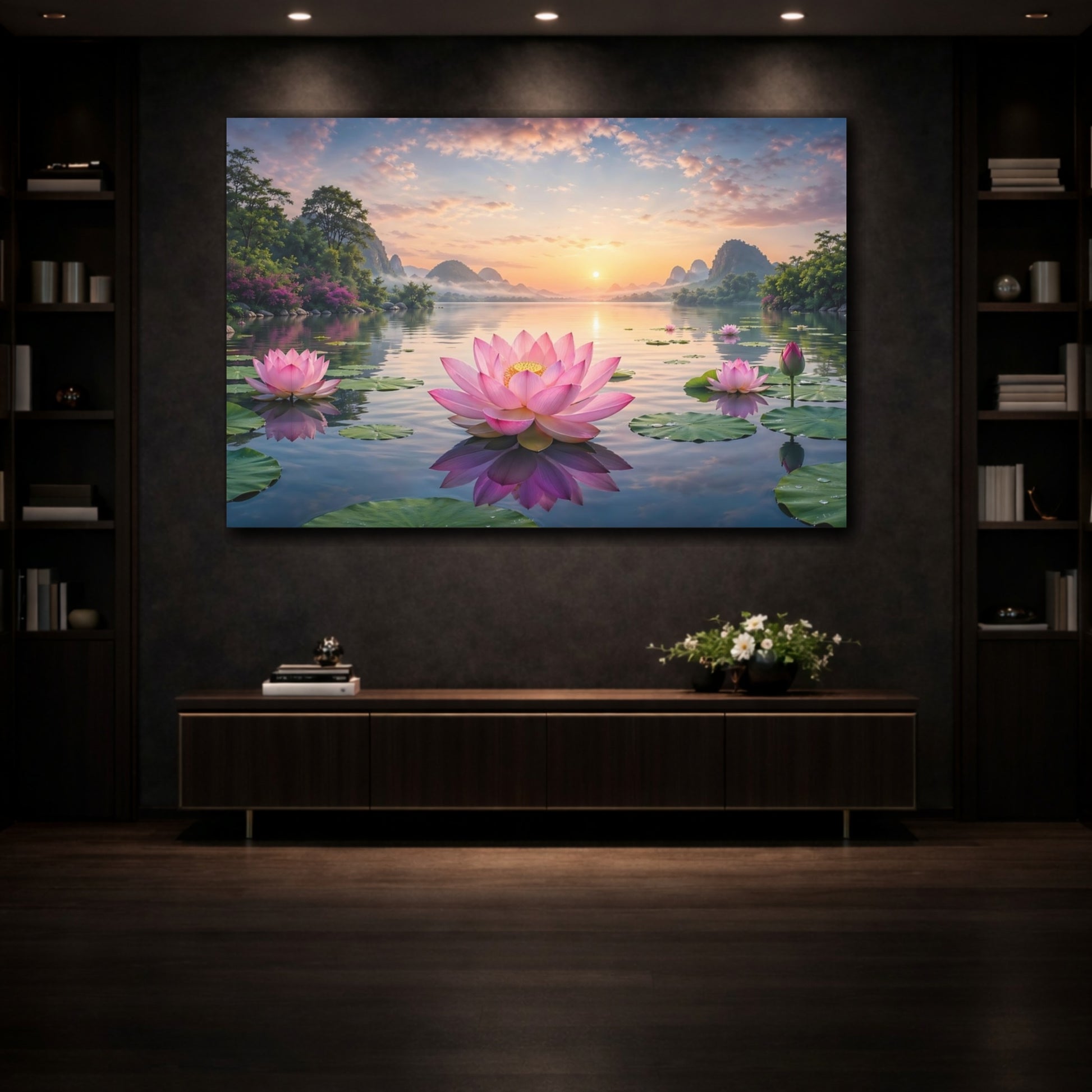 Mockup 3. Nature Lotus Flowers Pink Lotus shown as stretched canvas wall art