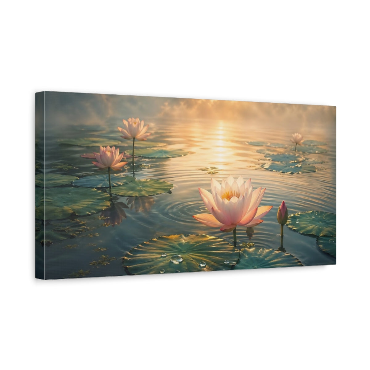 Side Mockup 3. Nature Lotus Flowers Pink Lotus Pond shown as stretched canvas wall art