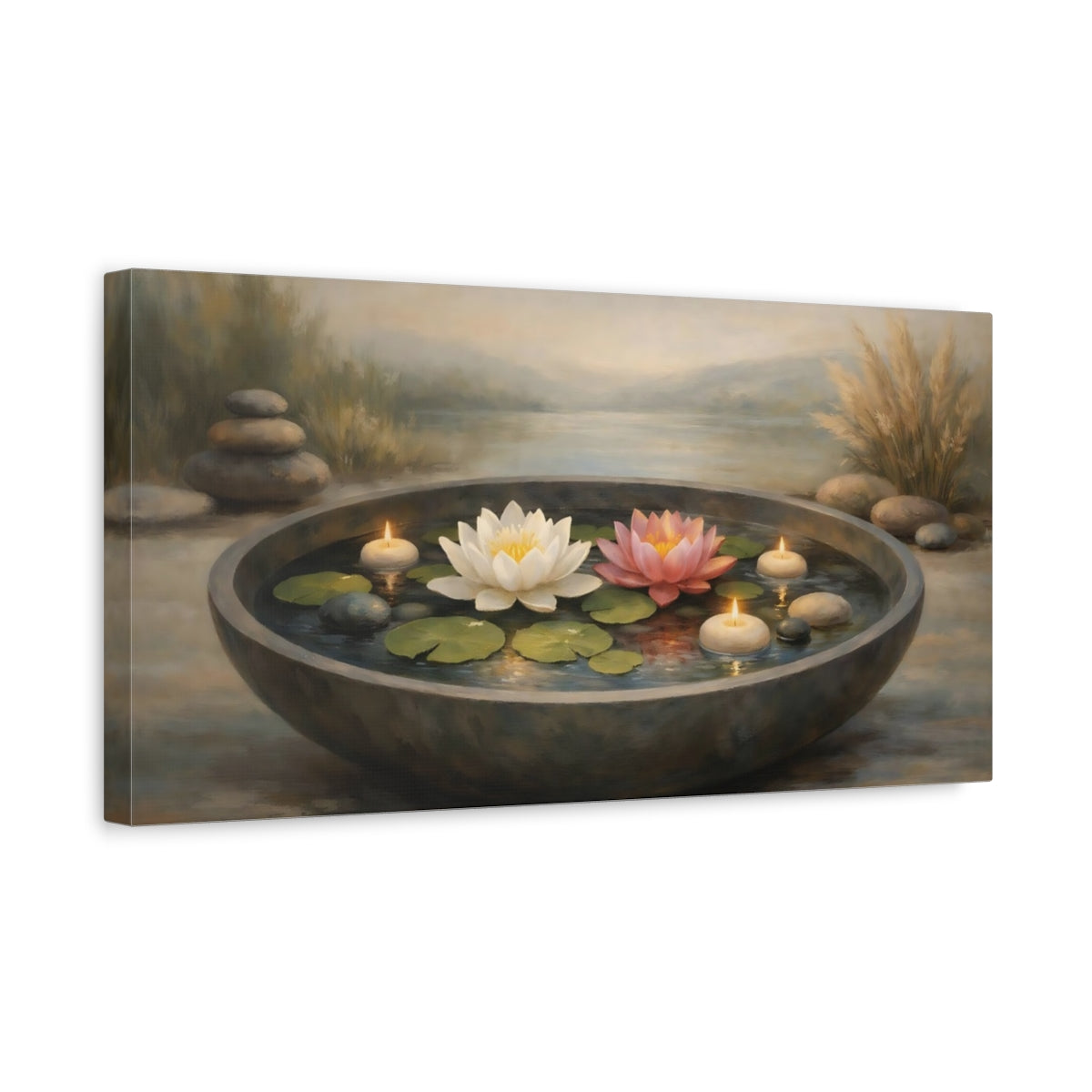 Side Mockup 3. Nature Lotus Flowers Zen Lotus Candles shown as stretched canvas wall art