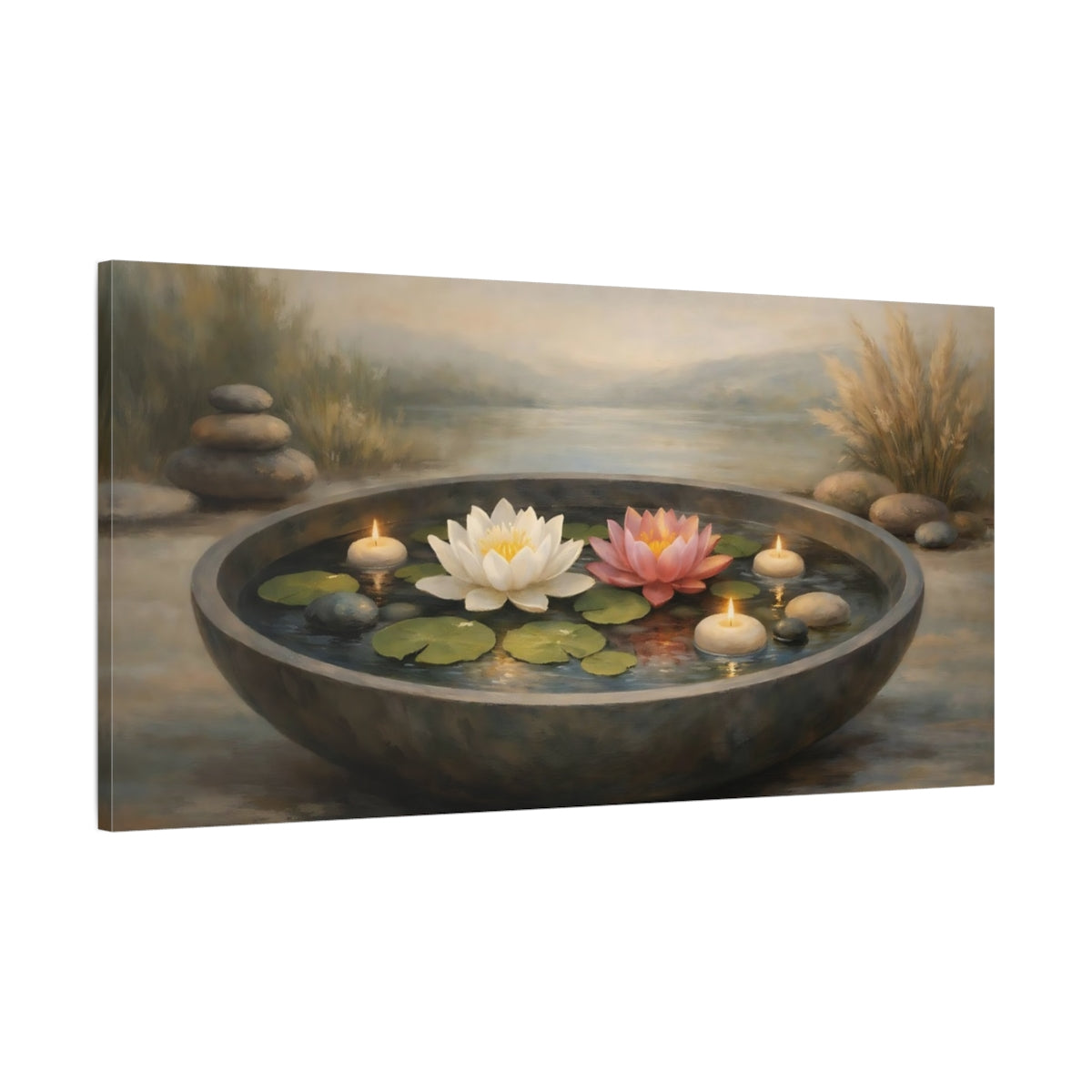 Side Mockup 1. Nature Lotus Flowers Zen Lotus Candles shown as stretched canvas wall art
