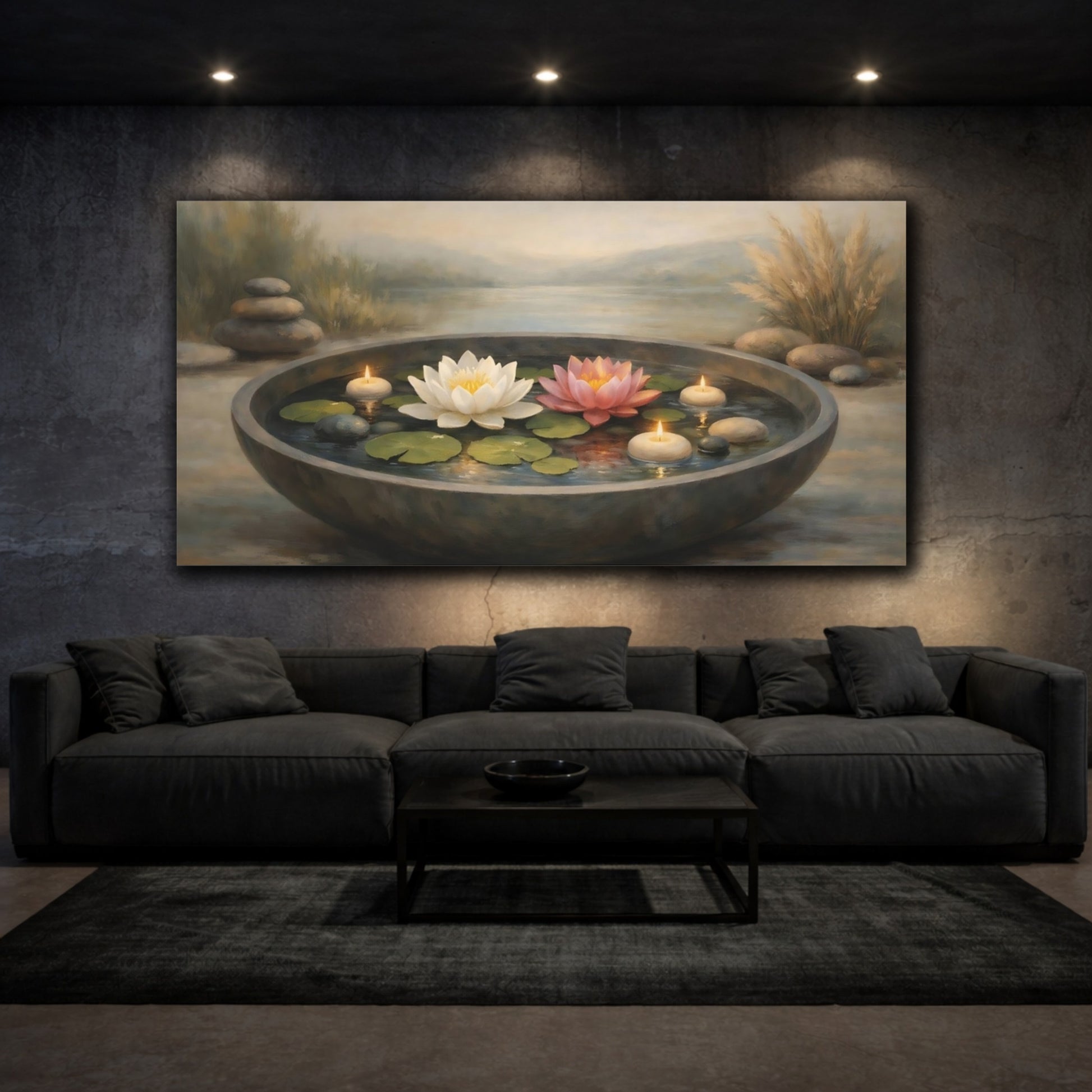 Mockup 2. Nature Lotus Flowers Zen Lotus Candles shown as stretched canvas wall art
