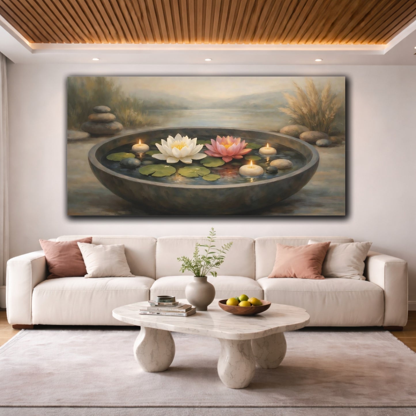 Mockup 3. Nature Lotus Flowers Zen Lotus Candles shown as stretched canvas wall art