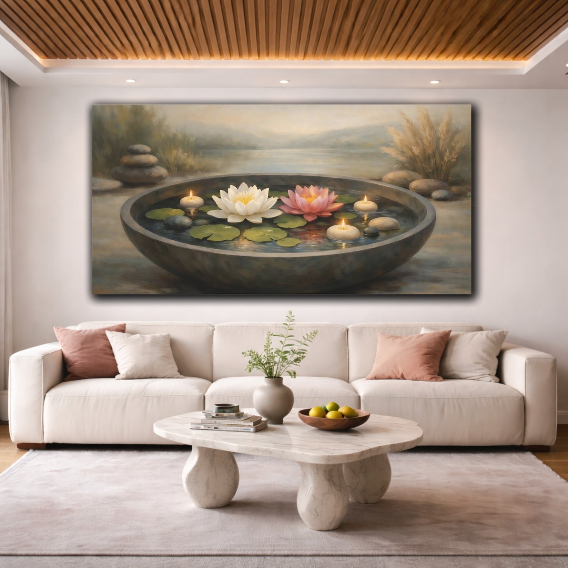 Mockup 3. Nature Lotus Flowers Zen Lotus Candles shown as stretched canvas wall art
