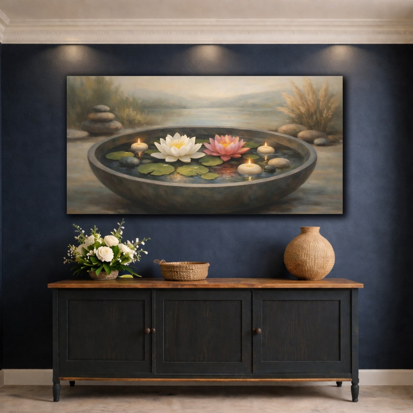 Mockup 4. Nature Lotus Flowers Zen Lotus Candles shown as stretched canvas wall art