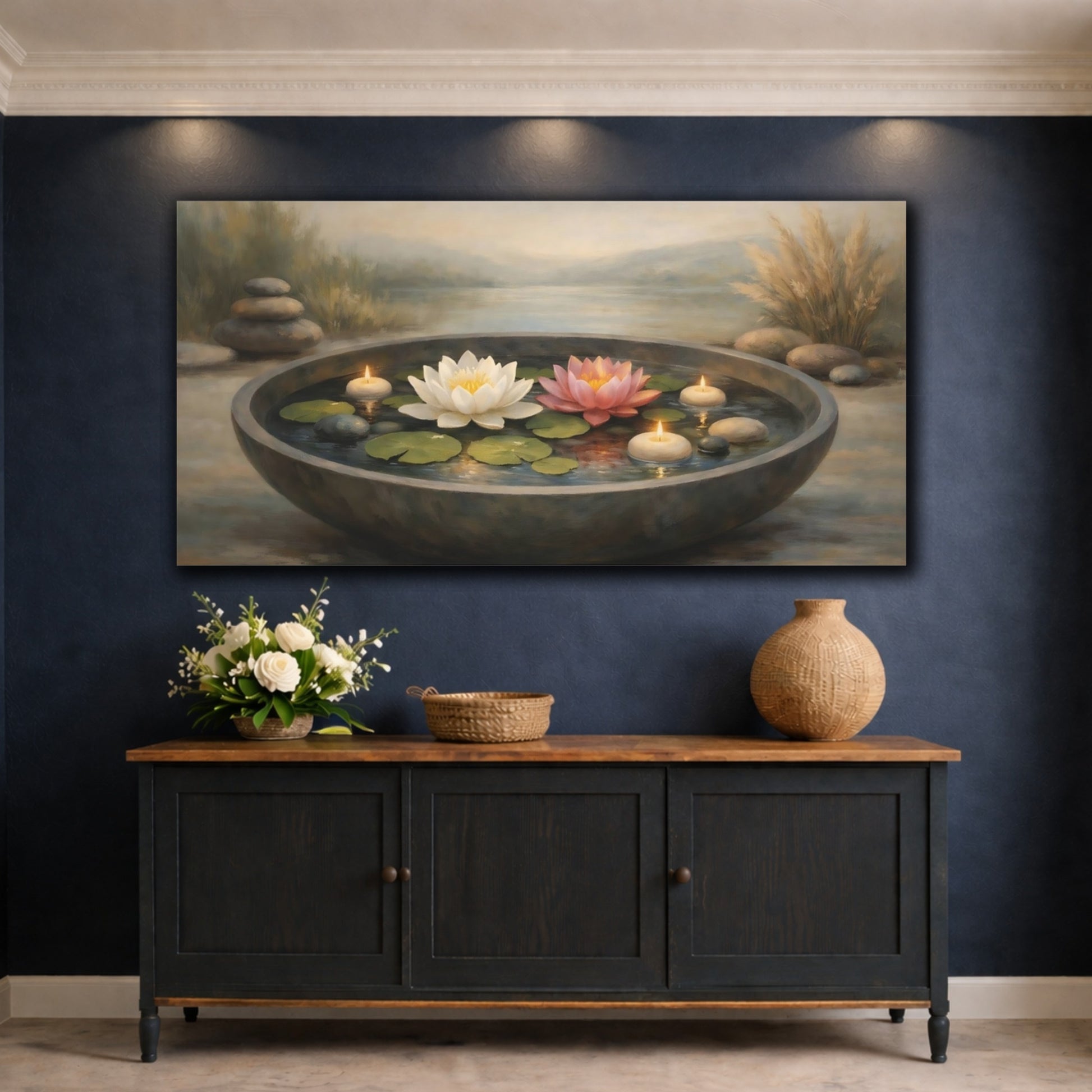 Mockup 4. Nature Lotus Flowers Zen Lotus Candles shown as stretched canvas wall art