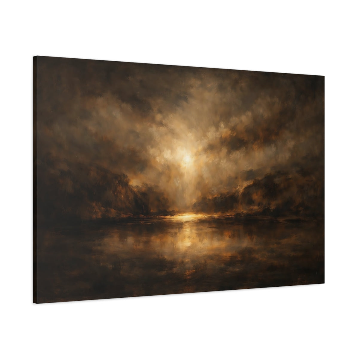 Main Mockup. Nature Luminous Lake Brown Gold Landscape shown as stretched canvas wall art
