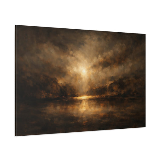 Main Mockup. Nature Luminous Lake Brown Gold Landscape shown as stretched canvas wall art