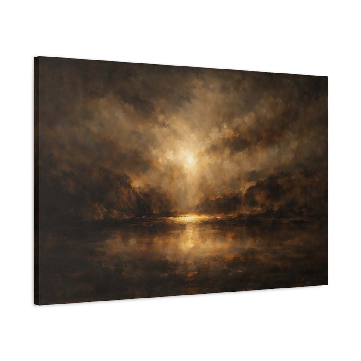Side Mockup 1. Nature Luminous Lake Brown Gold Landscape shown as stretched canvas wall art