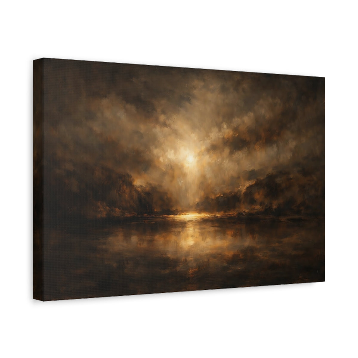 Side Mockup 4. Nature Luminous Lake Brown Gold Landscape shown as stretched canvas wall art