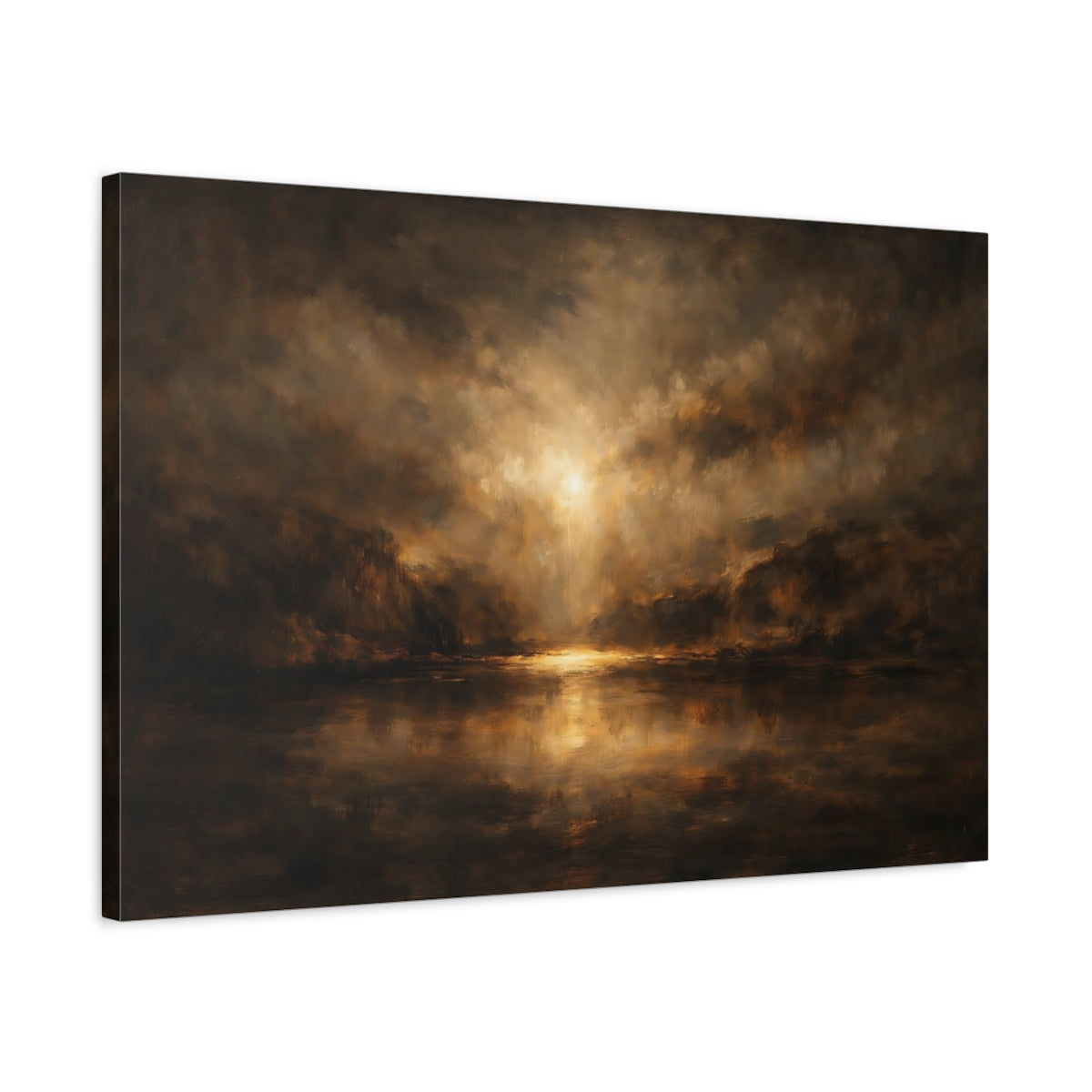 Side Mockup 2. Nature Luminous Lake Brown Gold Landscape shown as stretched canvas wall art