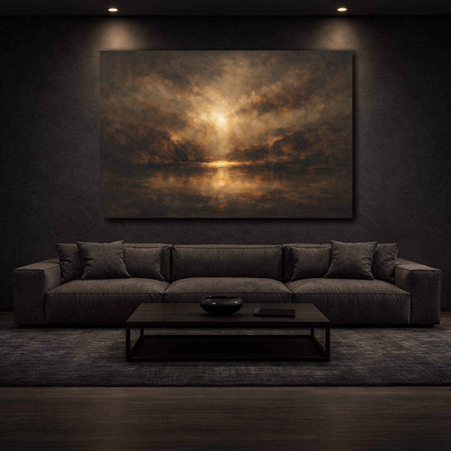 Mockup 2. Nature Luminous Lake Brown Gold Landscape shown as stretched canvas wall art