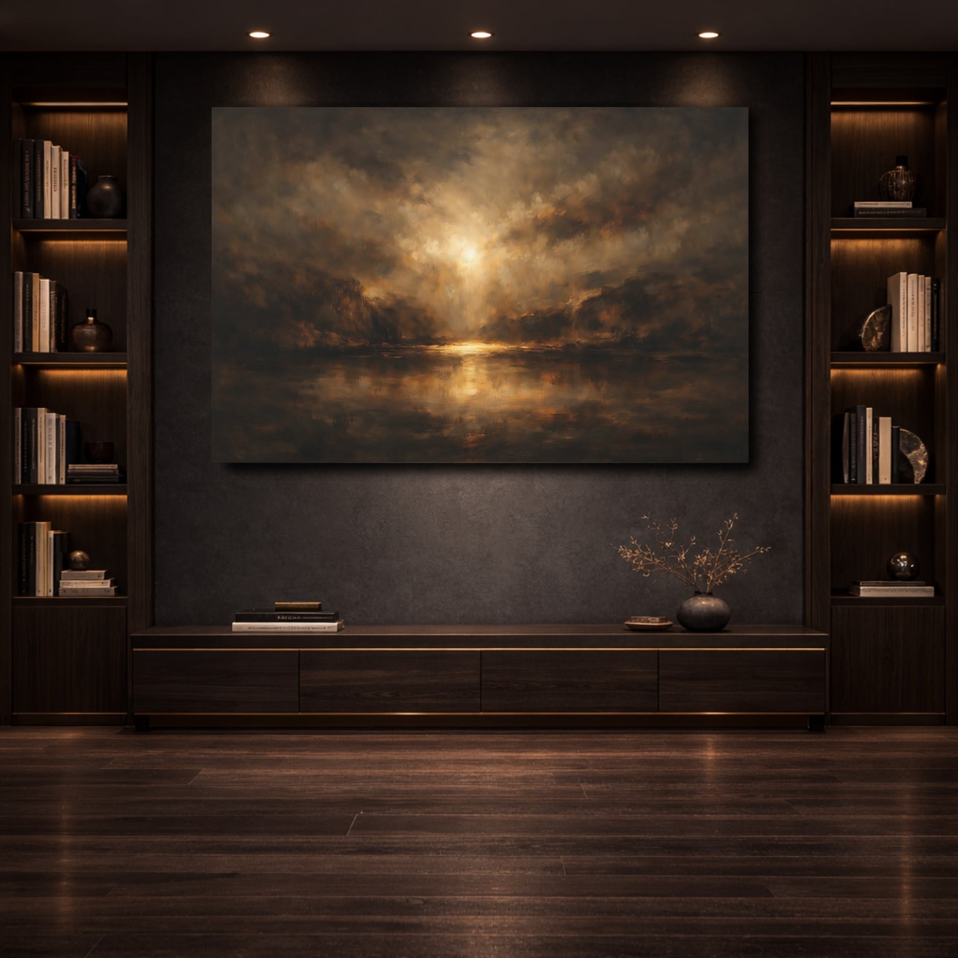 Mockup 3. Nature Luminous Lake Brown Gold Landscape shown as stretched canvas wall art