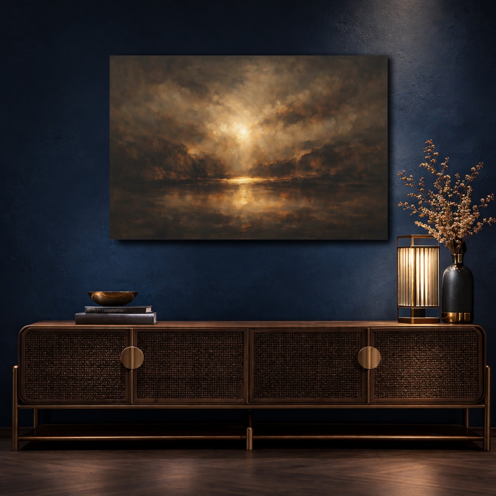 Mockup 4. Nature Luminous Lake Brown Gold Landscape shown as stretched canvas wall art