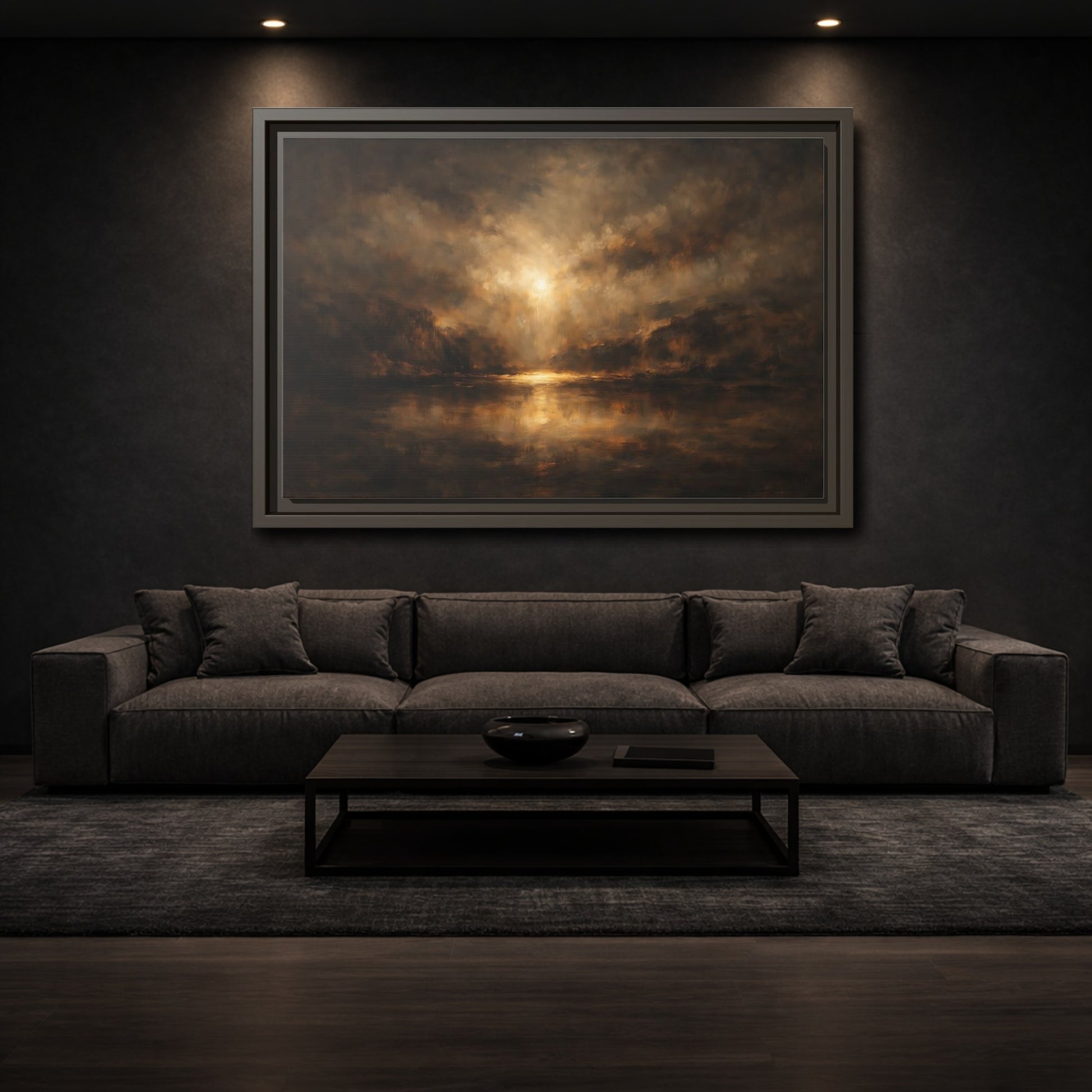 Mockup 2. Nature Luminous Landscape Brown And Gold shown as stretched canvas wall art