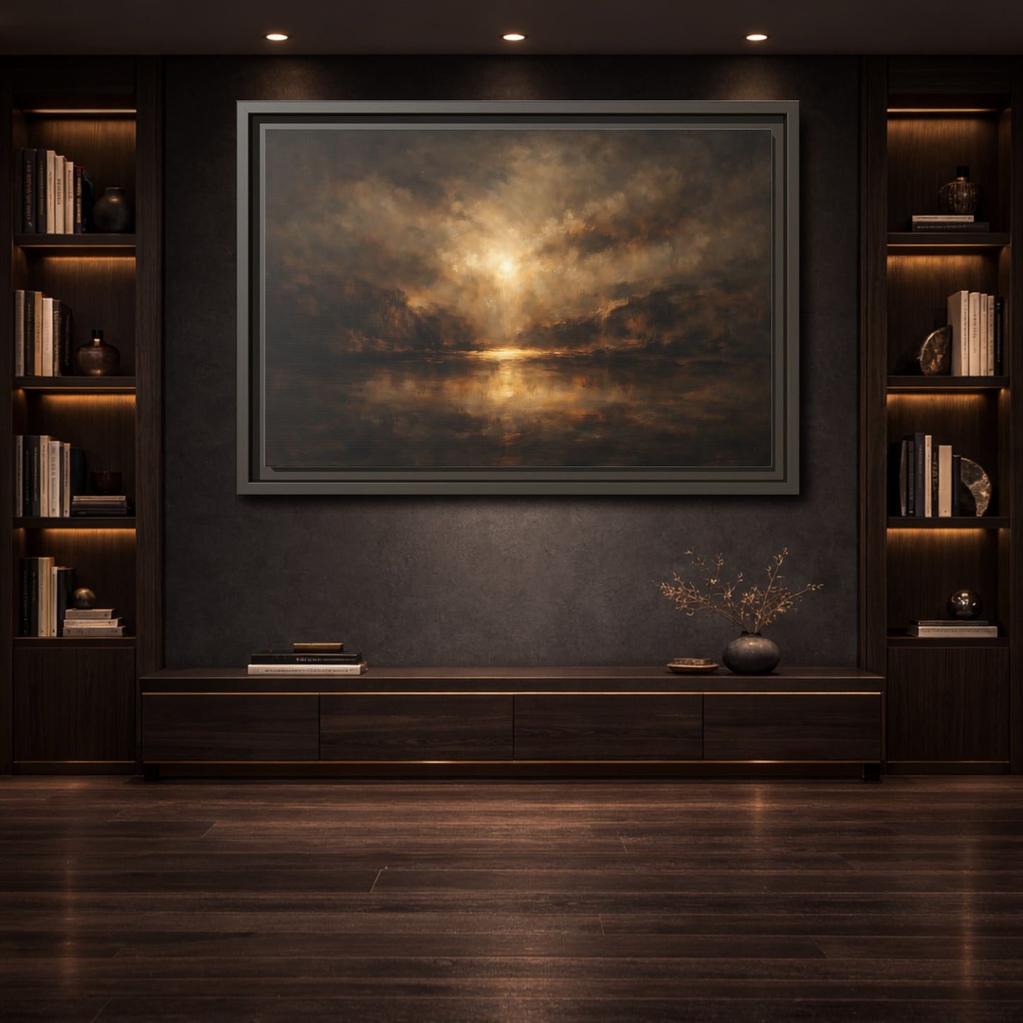 Mockup 3. Nature Luminous Landscape Brown And Gold shown as stretched canvas wall art