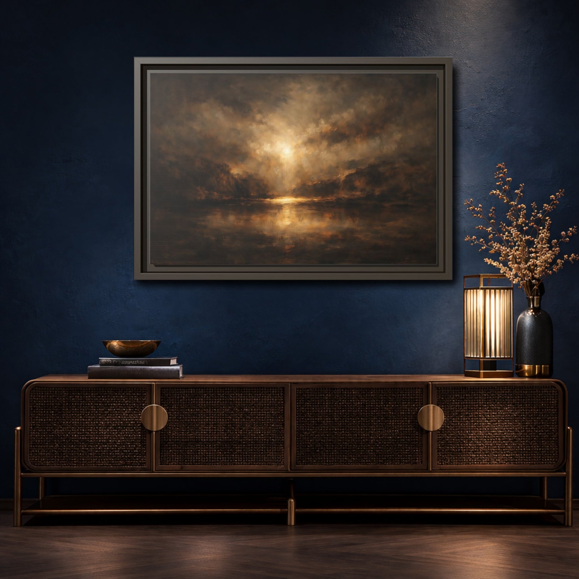 Mockup 4. Nature Luminous Landscape Brown And Gold shown as stretched canvas wall art