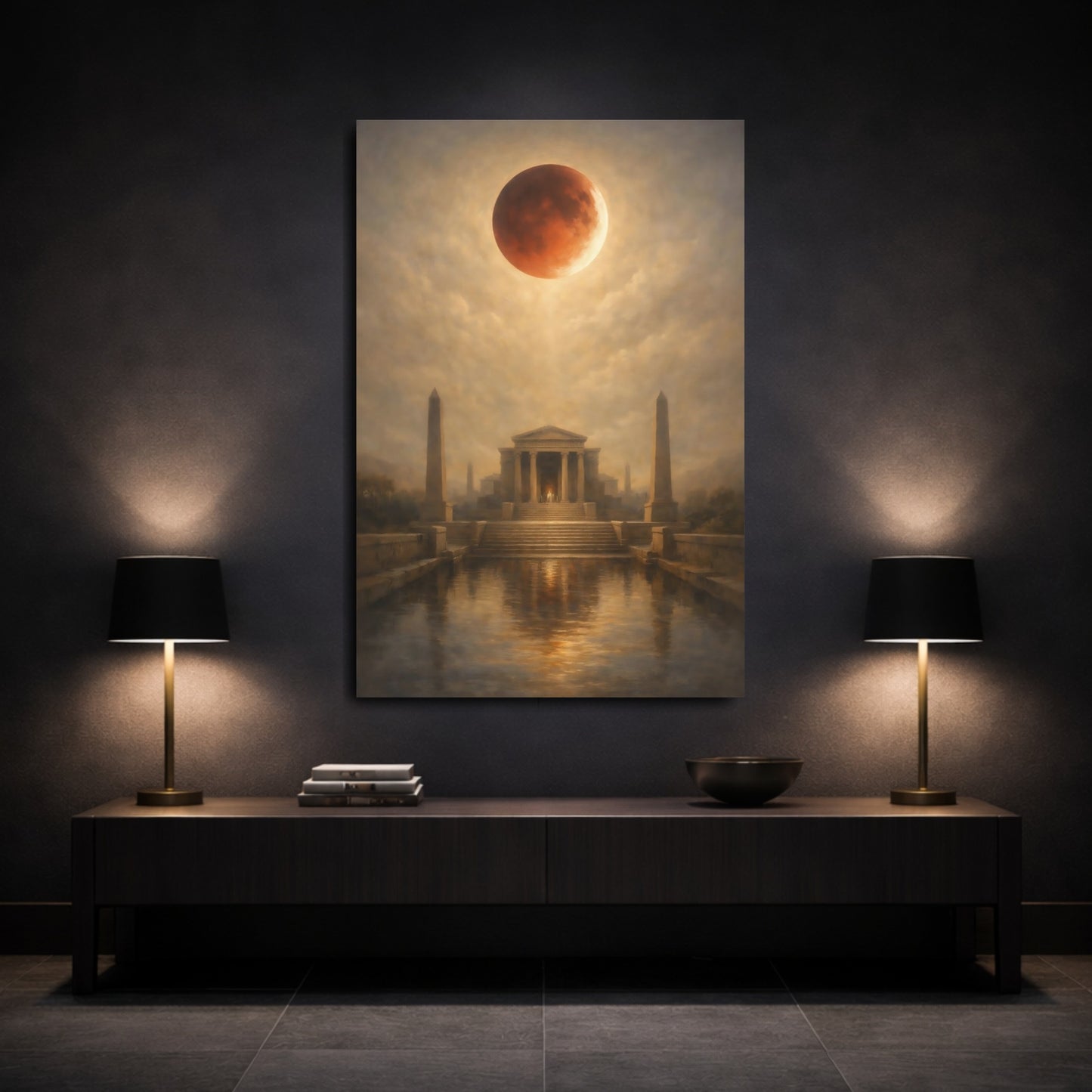 Mockup 2. Nature Lunar Eclipse Brown And Red shown as stretched canvas wall art