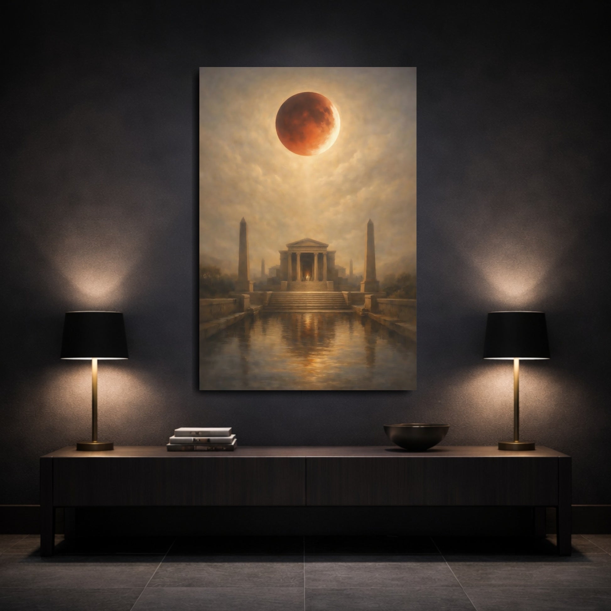 Mockup 2. Nature Lunar Eclipse Brown And Red shown as stretched canvas wall art