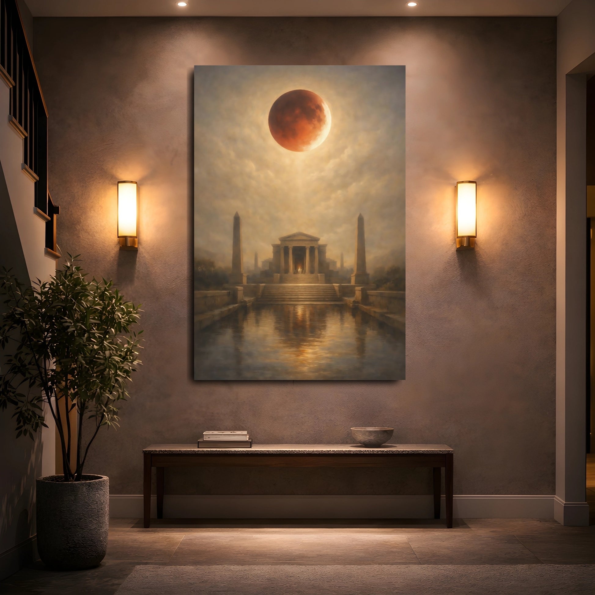 Mockup 4. Nature Lunar Eclipse Brown And Red shown as stretched canvas wall art