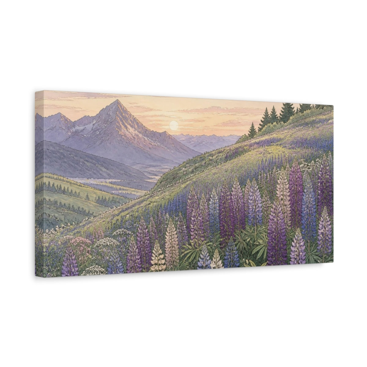 Side Mockup 3. Nature Lupine Meadow shown as canvas print