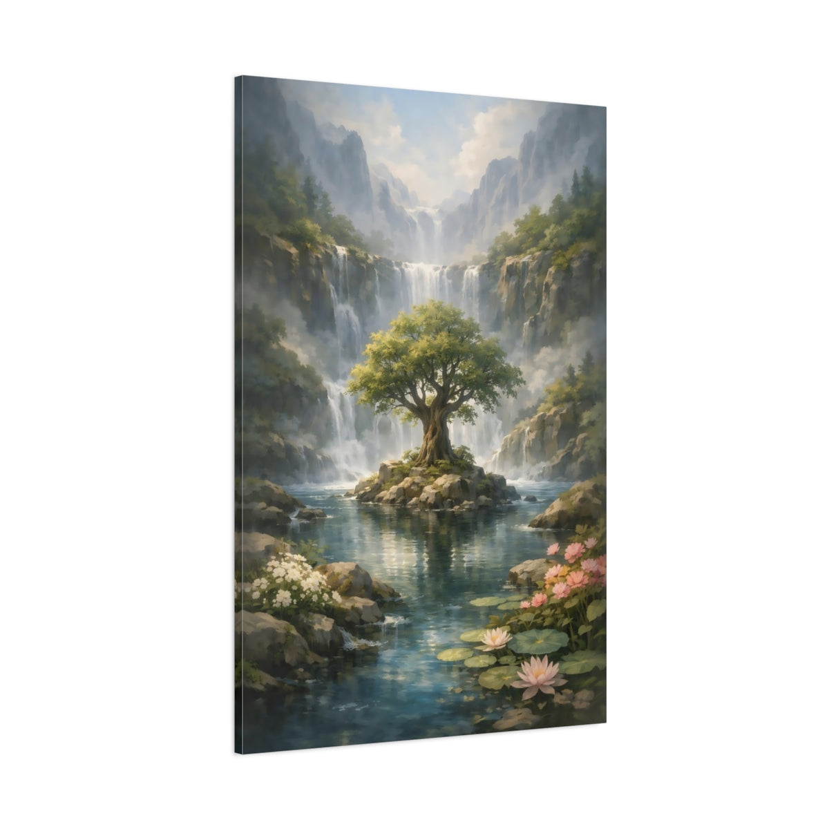 Nature Lush Landscape Waterfall Tree Scene shown as stretched canvas wall art