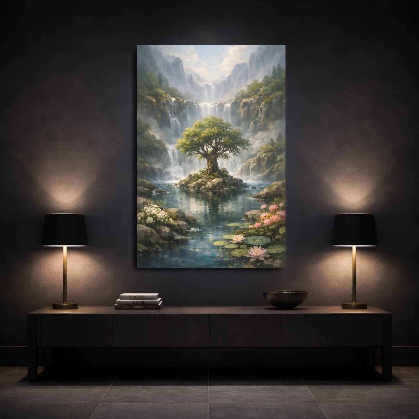 Nature Lush Landscape Waterfall Tree Scene shown as front canvas room wall art