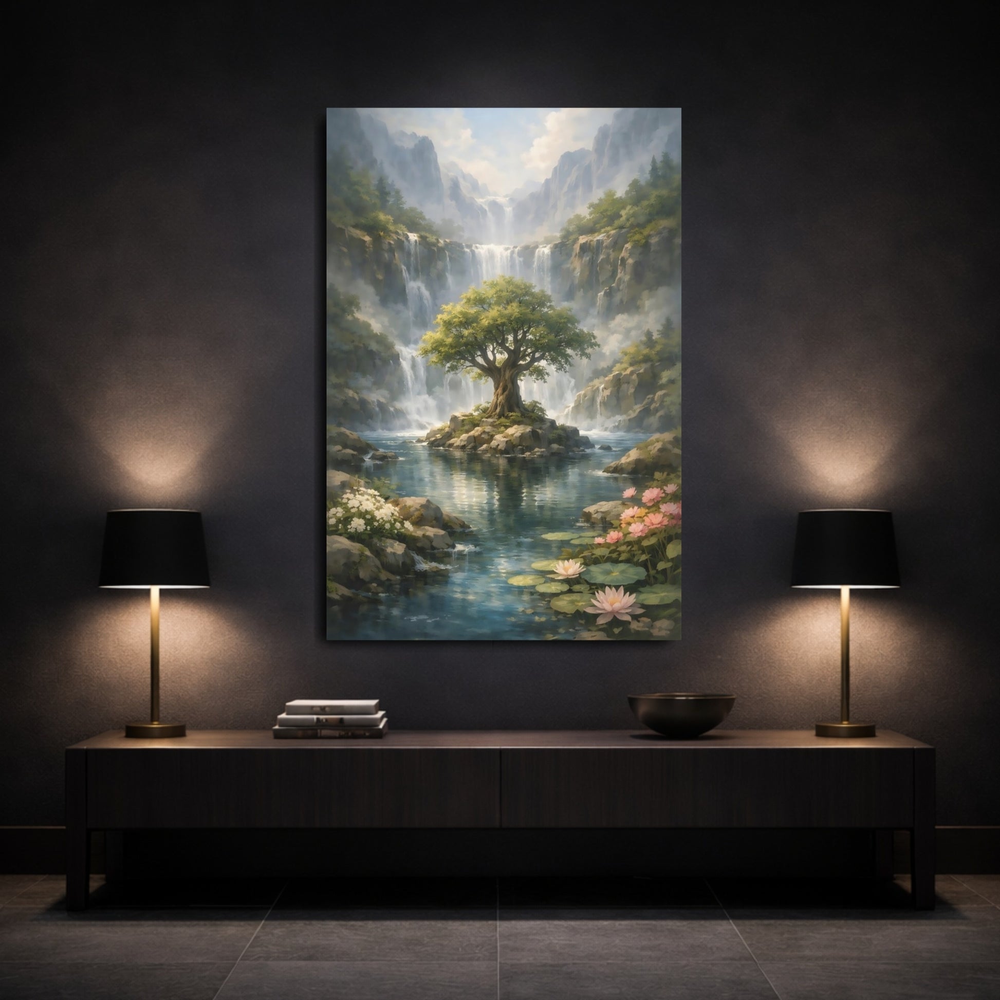 Nature Lush Landscape Waterfall Tree Scene shown as front canvas room wall art