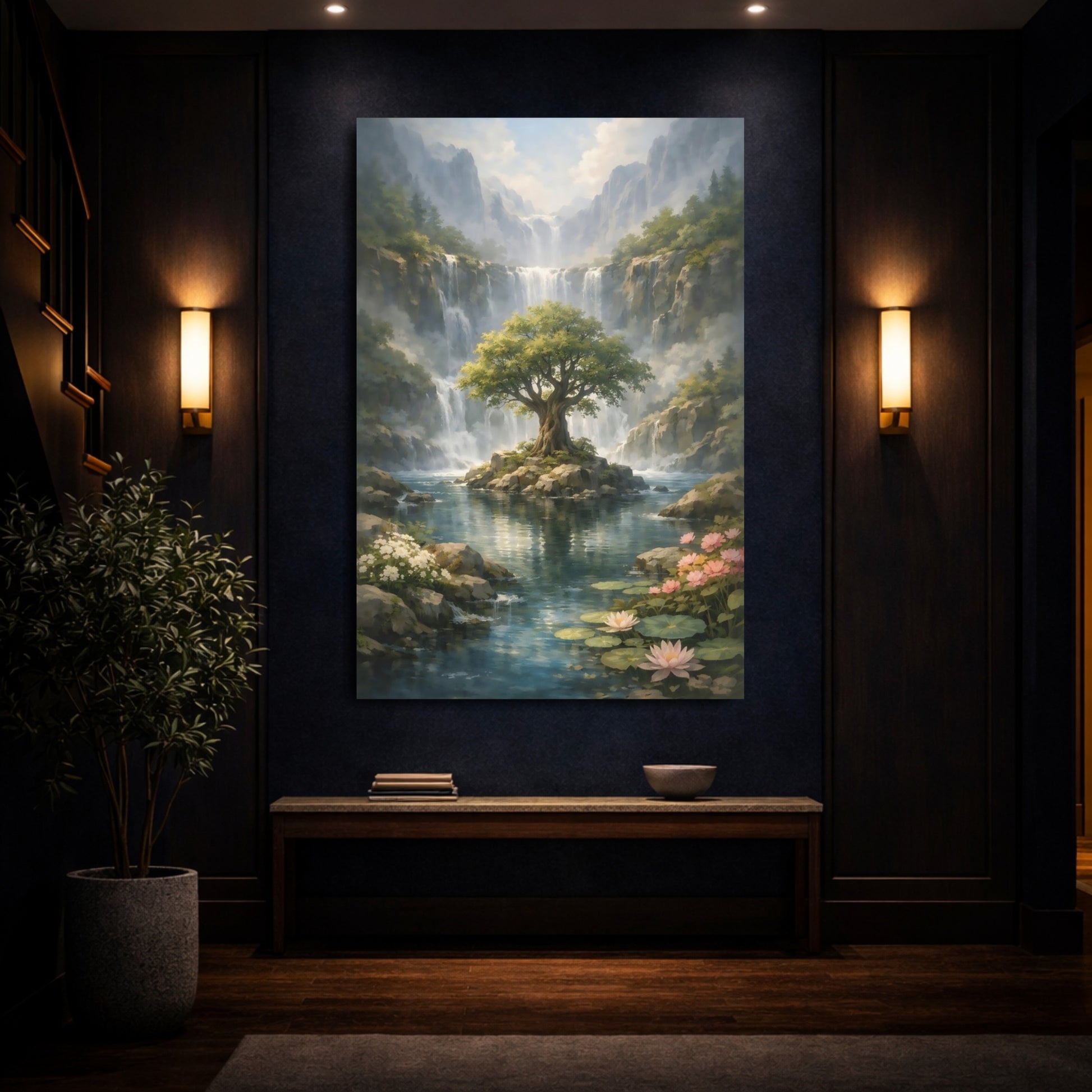 Nature Lush Landscape Waterfall Tree Scene shown as front canvas room wall art