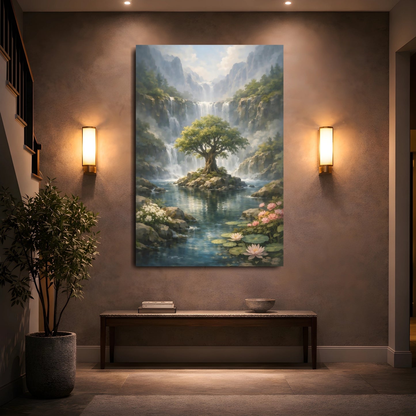Nature Lush Landscape Waterfall Tree Scene shown as front canvas room wall art