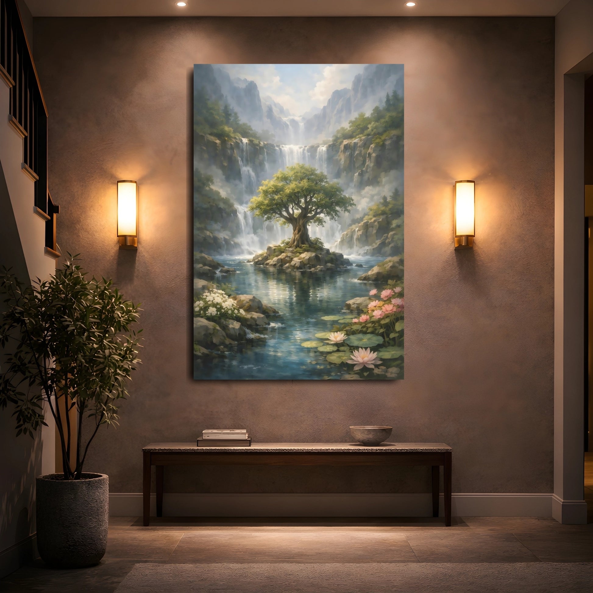 Nature Lush Landscape Waterfall Tree Scene shown as front canvas room wall art